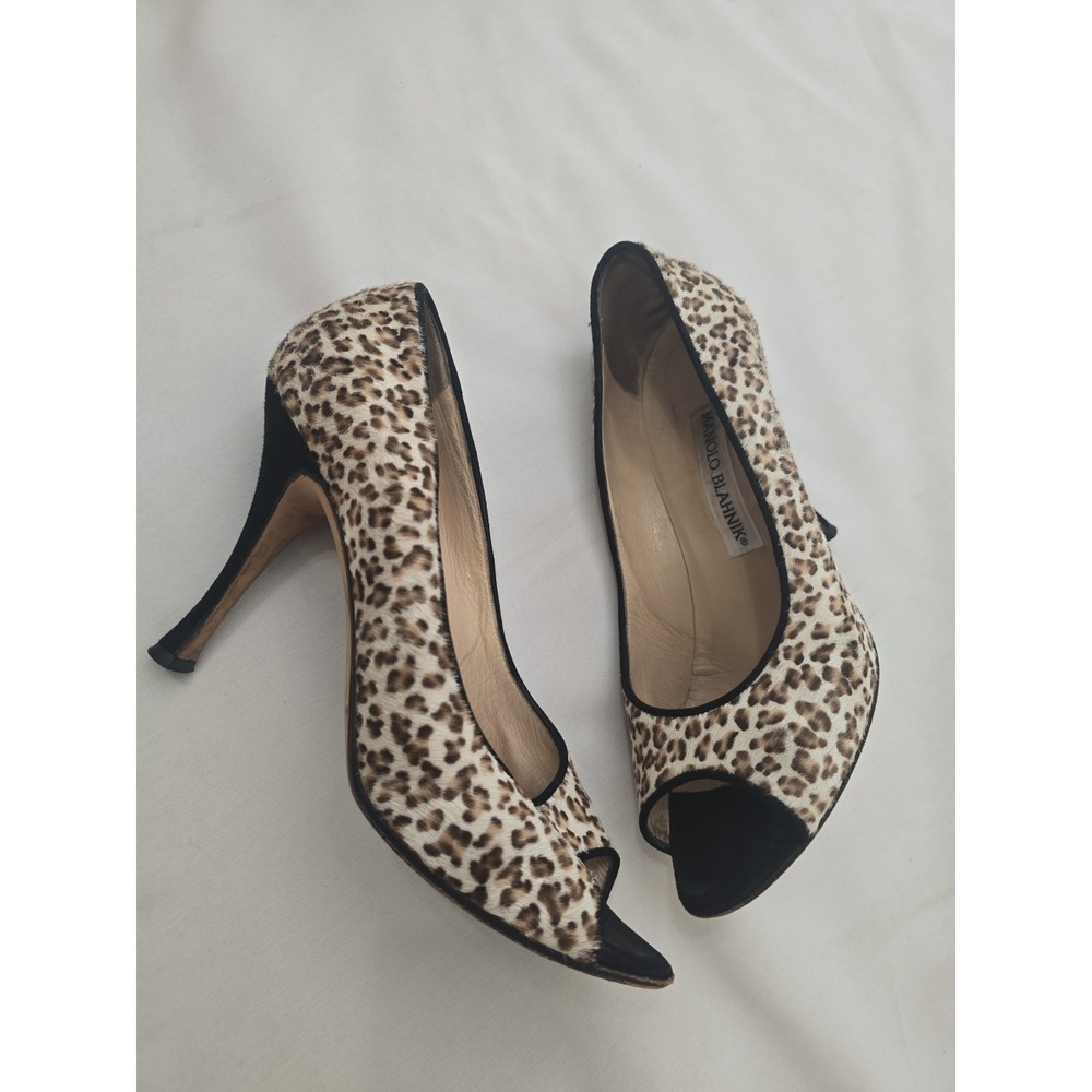 Manolo Blahnik Shoe Brown Animal Print Peep Toe Pony Hair size 39